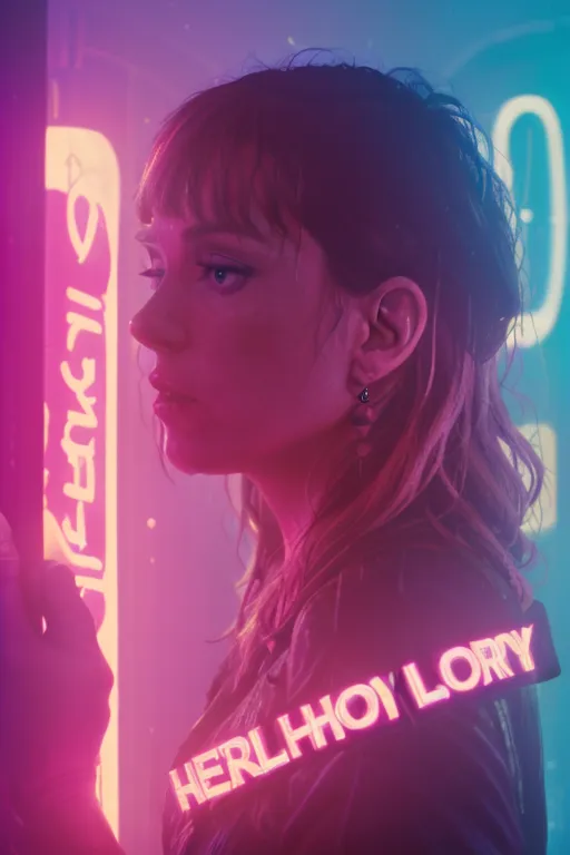 A young woman with short brown hair and bangs stands in front of a pink and blue neon background. She is wearing a black leather jacket with a pink collar and the word \
