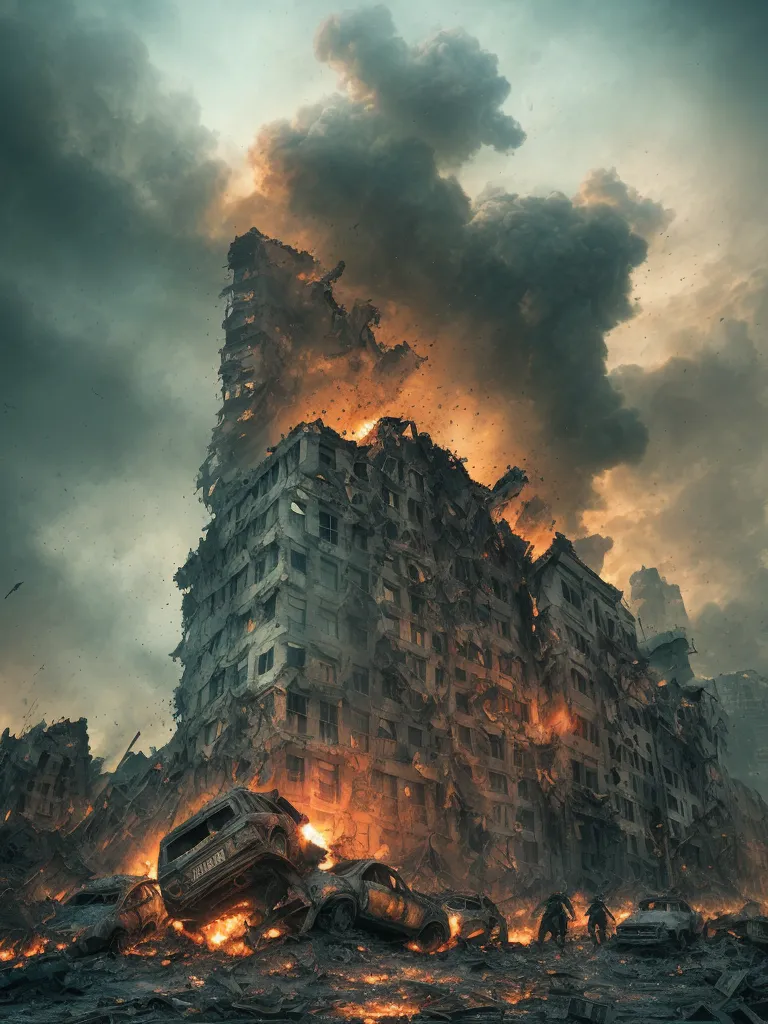 The image shows a ruined city. A tall building is on fire, and the flames are spreading to the nearby buildings. The streets are filled with rubble and debris, and several cars have been destroyed. There are no people visible in the image, but it is clear that the city has been abandoned. The scene is one of devastation and destruction.