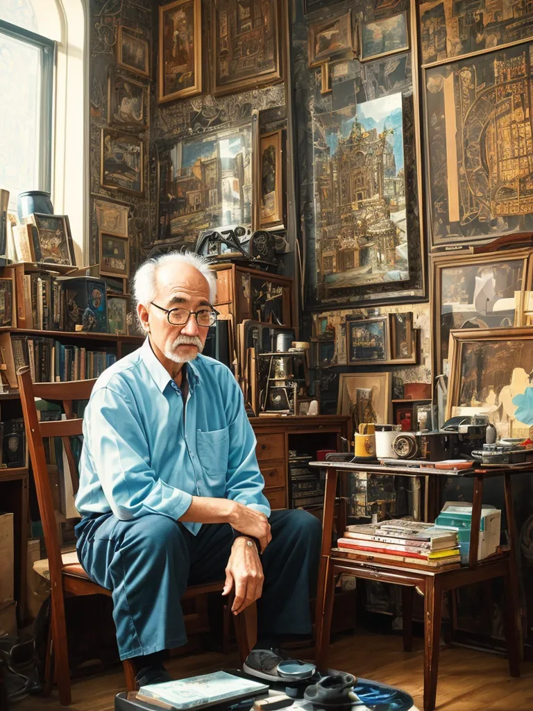 The image shows an elderly man with white hair and a white beard. He is wearing a blue shirt and dark blue pants. He is sitting in a chair in a room that is filled with paintings, books, and other objects. The walls are covered in paintings, and there are bookshelves and cabinets filled with books and other objects. The man is looking at the camera with a pensive expression on his face.