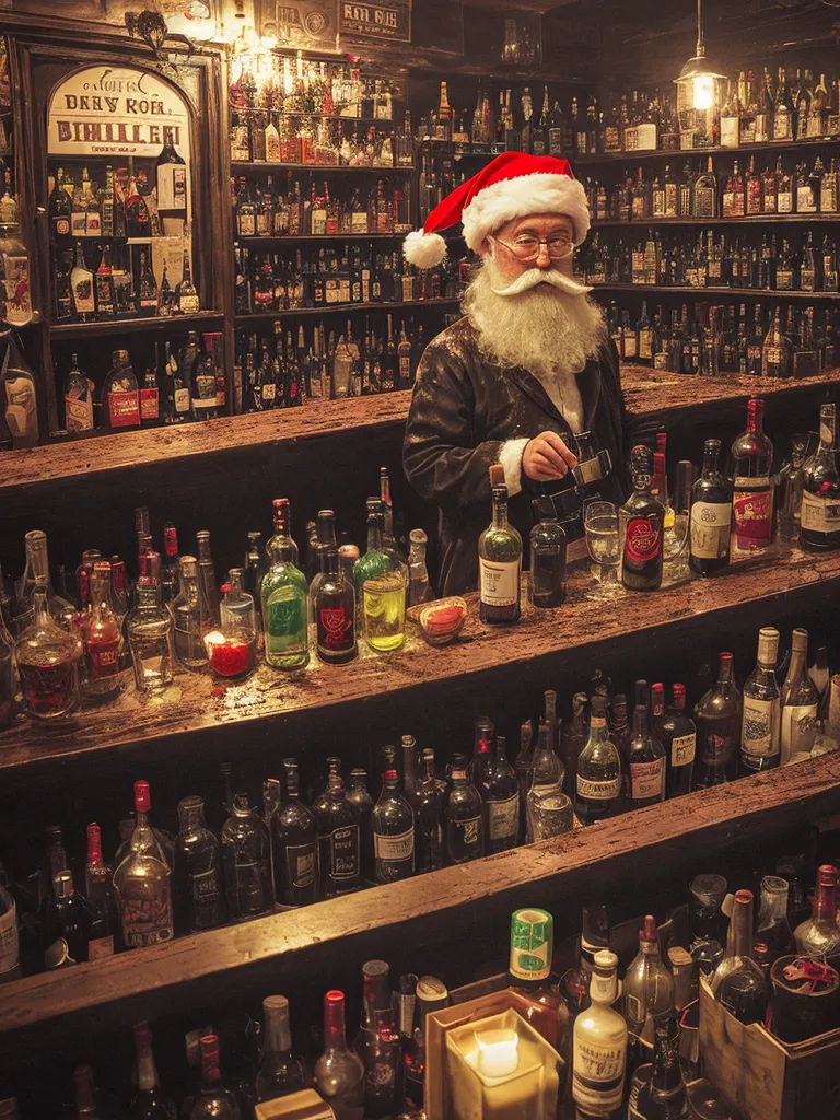 The image is a photo of Santa Claus standing in a bar. He is wearing his traditional red and white suit, and he has a long white beard and a twinkle in his eye. He is standing behind a bar, and there are bottles of liquor and glasses all around him. There is a wooden shelf behind the bar that is stocked full of bottles of various types of alcohol. The bar is decorated with Christmas lights and ornaments, and there is a wreath on the door. The image is warm and inviting, and it captures the spirit of the holiday season.