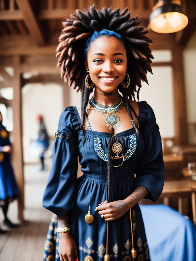 The image shows a young woman with dark brown skin and blue-dyed dreadlocks. She is wearing a blue dress with a white camisole and a brown belt. She is also wearing a lot of jewelry, including a necklace, earrings, and bracelets. The woman has a warm smile on her face and is looking at the camera. She is standing in a room with a wooden beamed ceiling and a large wooden table in the background. There is another person in the background, wearing a blue and gray outfit and carrying a tray.