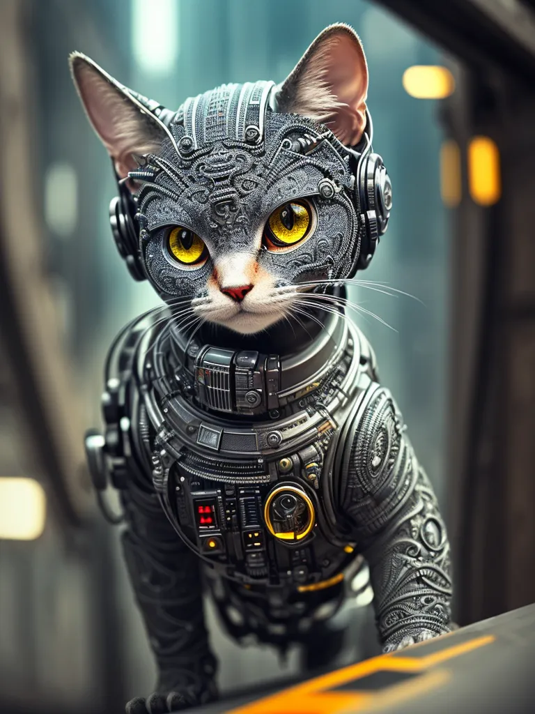 The image shows a cat wearing a futuristic armor. The armor is made of metal and has intricate details. The cat's eyes are yellow and its fur is gray. The background of the image is blurred and shows a city.