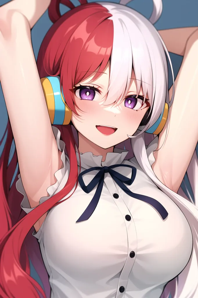 The image depicts a young woman with a cheerful expression on her face. She has one hand raised to her head, with the other hanging loosely by her side. She is wearing a white blouse with a black bow at the collar and has headphones around her neck. Her hair is red and white, and her eyes are purple.