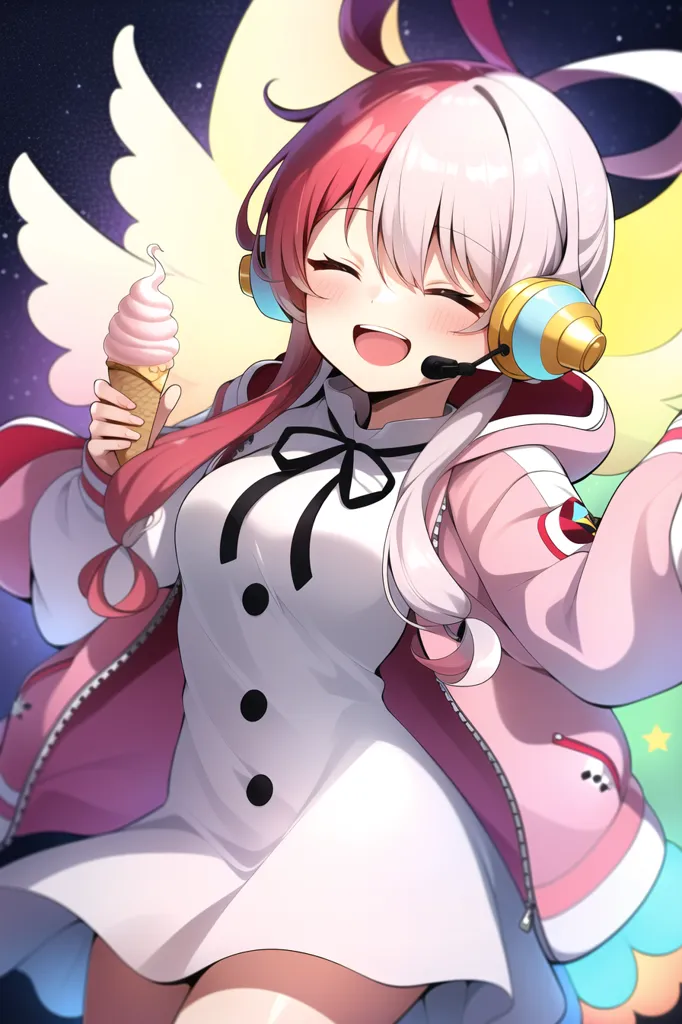 The image is of a young woman with pink and white hair, wearing a white dress and a pink jacket. She has a pair of headphones on and is holding an ice cream cone. She has a big smile on her face and is surrounded by a starry background with a crescent moon and clouds.