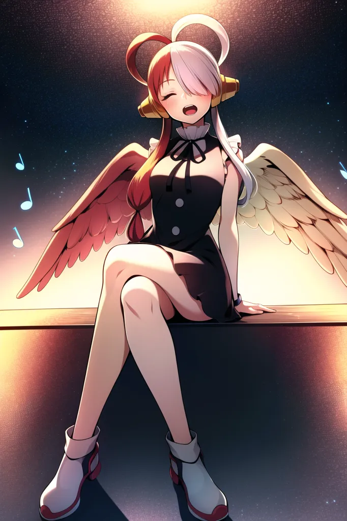 The image is of a young woman with long, flowing hair and a pair of large, white wings. She is wearing a black dress with a white collar and a pair of headphones. She is sitting on a ledge with her legs crossed and her eyes closed. She has a serene smile on her face and appears to be enjoying the music she is listening to. The background is a dark, starry night sky with a few music notes floating around.