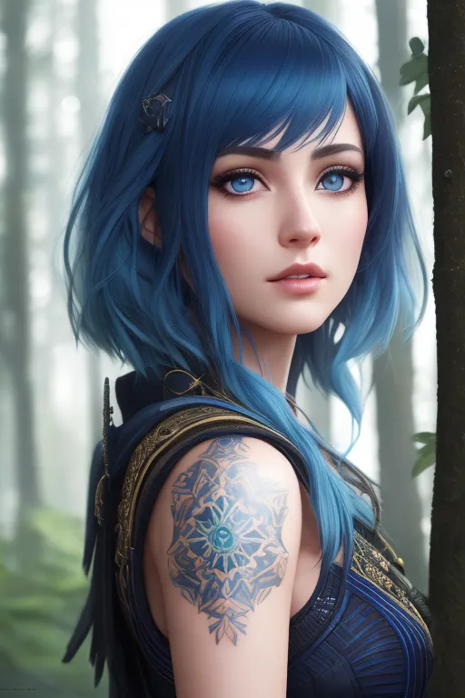 The image is a portrait of a young woman with blue hair and blue eyes. She is wearing a blue and gold outfit and has a tattoo on her right arm. The background is a forest. The woman is looking at the viewer with a serious expression.