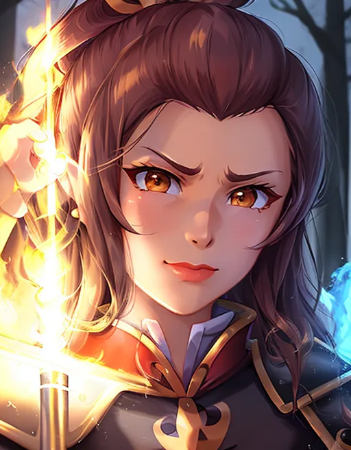 The image shows a young woman with brown hair and orange eyes. She is wearing a red and black outfit and has a determined expression on her face. She is standing in a forest and is surrounded by flames. There is also a blue flame on her right hand.