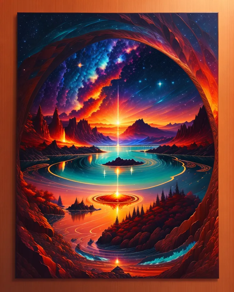 This is a painting of an alien landscape. The colors are vibrant and the details are amazing. The painting depicts a large, crater-like structure with a glowing, blue lake at the center. The crater is surrounded by jagged, rocky mountains and there is a large, glowing object in the sky above the crater. The painting is full of mystery and wonder, and it invites viewers to imagine what this alien landscape