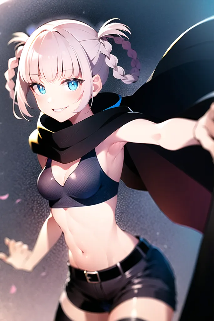 The image is of a young woman with white hair and blue eyes. She is wearing a black sports bra and black shorts. She has a black cape flowing behind her. She is standing with her left hand outstretched and her right hand on her hip. She has a confident smile on her face. The background is a dark blue color.