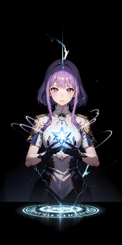 The image is of an anime-style girl with purple hair and purple eyes. She is wearing a white and purple outfit with a star-shaped gem in the center. She is holding the gem with both hands and there is a magic circle with symbols on the ground. The background is black with a few streaks of purple lightning.