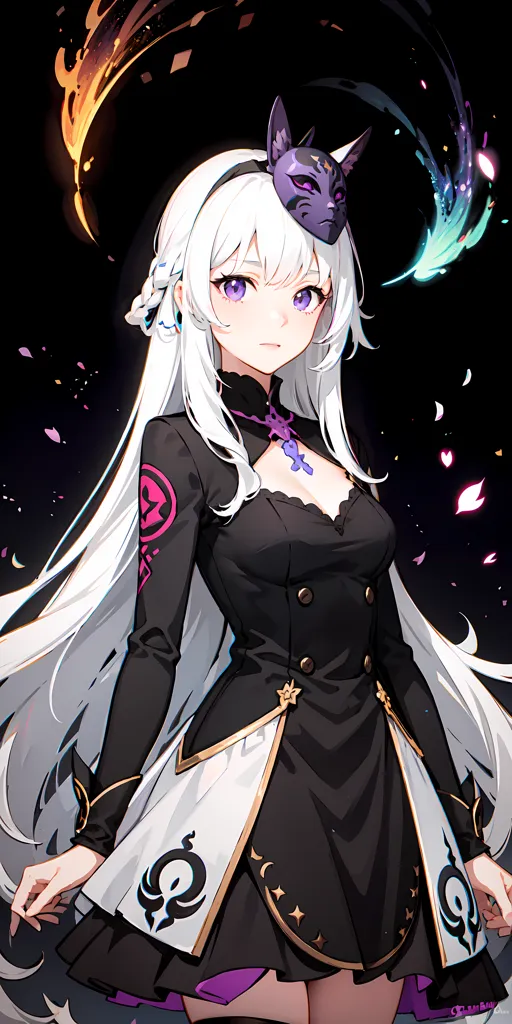 The image is of a young woman with long white hair and purple eyes. She is wearing a black and white dress with a purple sash. She has a fox mask on her head and is surrounded by a dark background with a few purple and blue accents.