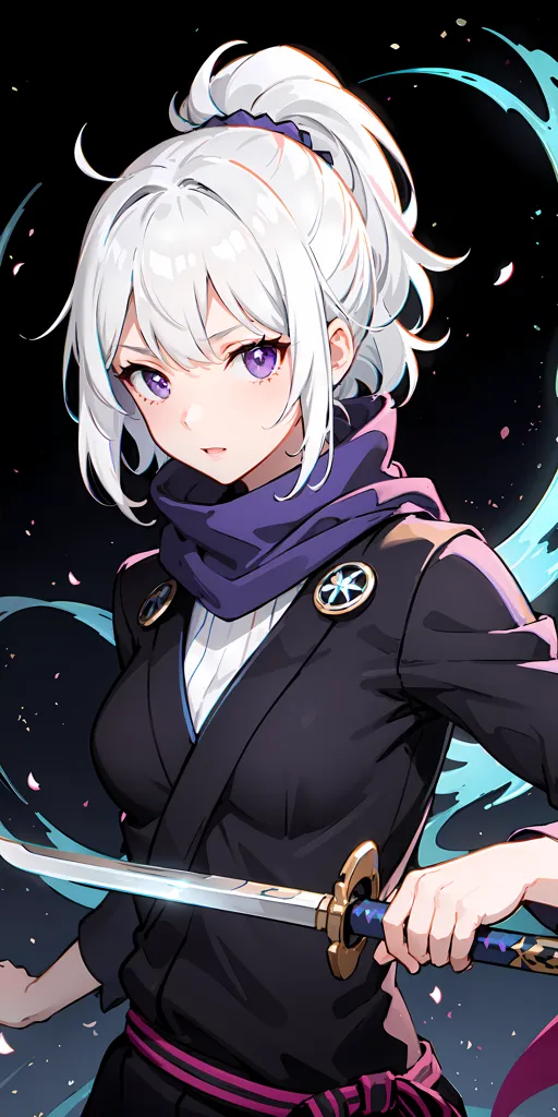 The image is of a young woman with white hair and purple eyes. She is wearing a black and purple ninja outfit and is holding a sword. She has a determined expression on her face and is looking at the viewer. The background is dark with some light blue and purple splashes.