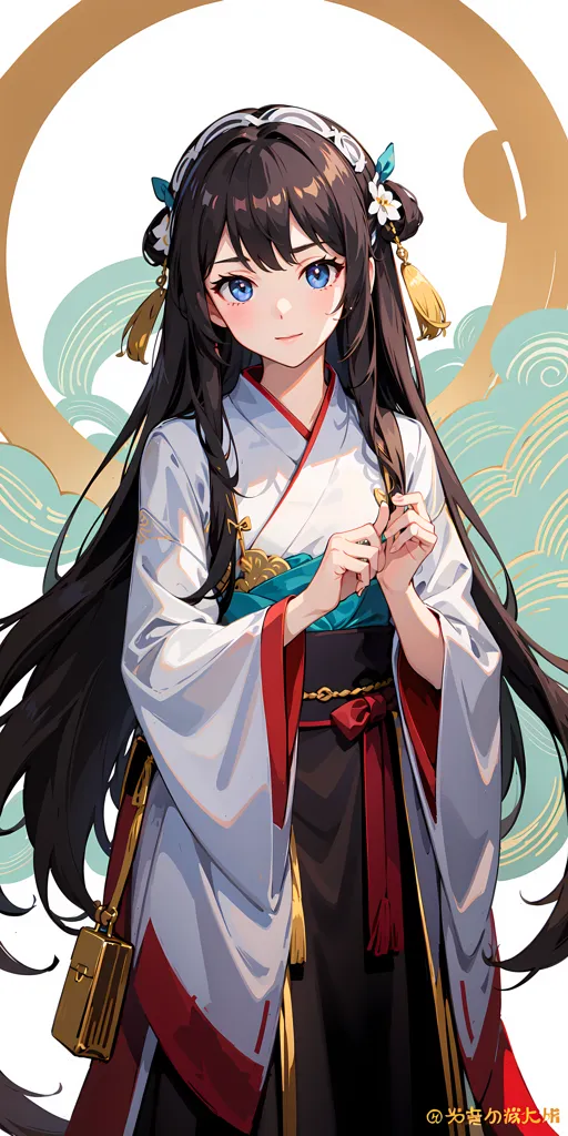 The picture shows a young woman, with long black hair and blue eyes, wearing a traditional Japanese kimono with a red obi. The kimono has a white background with blue and gold decorations. The obi is red with gold decorations. She is also wearing a white haori with a red and gold design. The haori is a traditional Japanese jacket that is worn over a kimono. She is holding a small brown bag in her right hand. The background of the picture is a light blue color with a white circle in the middle. The circle has a blue and white wave pattern.