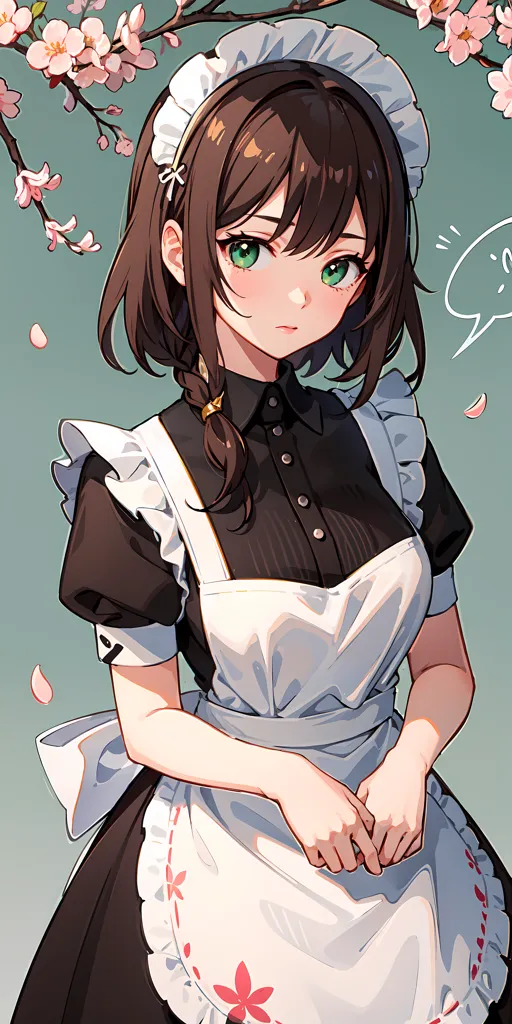 The image is a portrait of a young woman with brown hair and green eyes. She is wearing a black and white maid outfit with a frilly white apron. The outfit has pink and black ribbons. She is standing in front of a pale green background with a branch of pink cherry blossoms in the top left corner and pink cherry blossom petals falling around her.