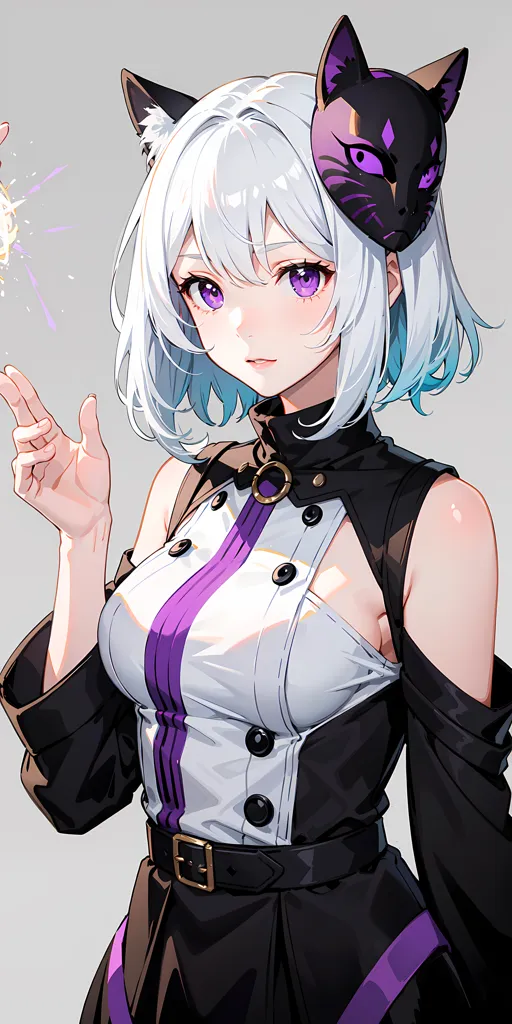 The image is of a young woman with white and blue hair. She is wearing a black and white dress with a purple belt and has a cat mask on her head. She is holding her hand out in front of her and there is a small light in her hand. Her eyes are purple and she has a small smile on her face. She is standing in front of a white background.