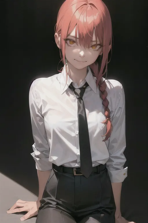 The image shows a young woman with long red hair and yellow eyes. She is wearing a white dress shirt, black pants, a tie, and a belt. She is sitting on a chair with her legs crossed and has a confident smile on her face. The background is a dark color.