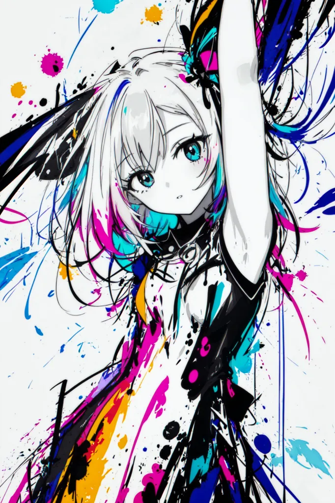 The image is of an anime-style girl with white hair and blue eyes. She is wearing a black dress with a white collar. The dress is covered in paint splatters of various colors, including pink, blue, yellow, and green. The girl is standing with her right arm raised and her left arm hanging at her side. She has a determined expression on her face. The background of the image is white.