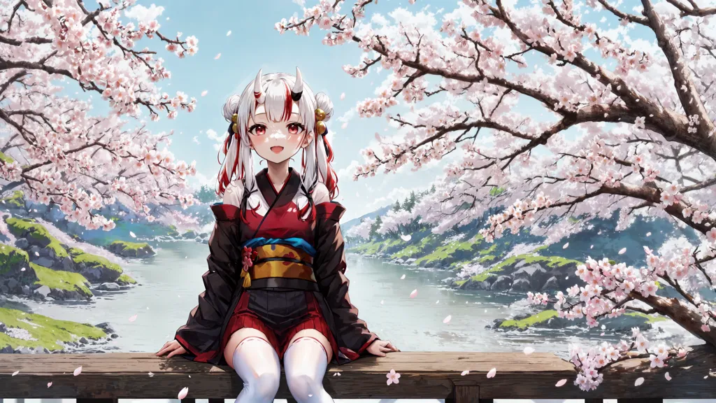 The image is of an anime girl with white and red hair, red eyes, and small horns sitting on a wooden railing. She is wearing a kimono with a red and white pattern and a black haori with a white and red pattern. She is also wearing white thigh-high socks and black sandals. The background is a river with cherry blossom trees in bloom. The sky is blue and there are white clouds.