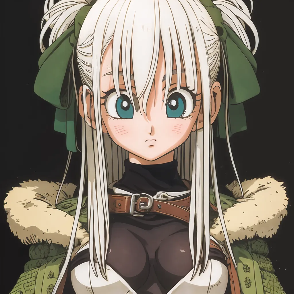 The image is of a young girl with long white hair and green eyes. She is wearing a white and brown outfit with a green belt and has a brown fur collar. She has two green bows in her hair and is looking at the viewer with a slightly surprised expression. The background is black with a gradient to dark red at the bottom.