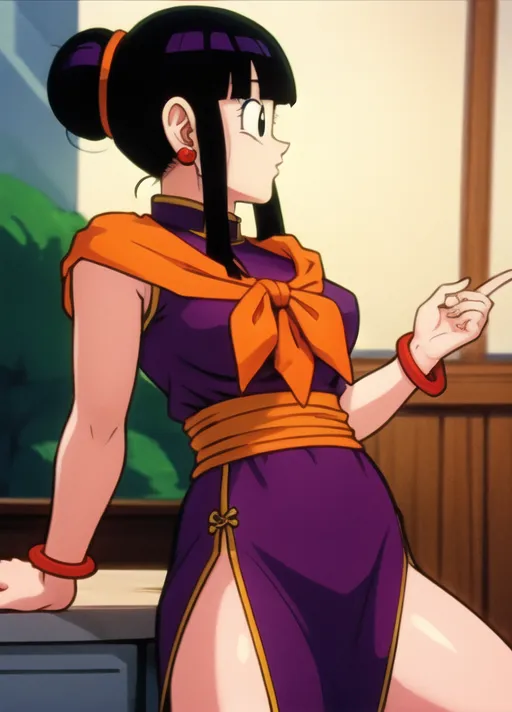 The image is of a young woman with black hair and purple eyes. She is wearing a purple dress with an orange sash and a white collar. The dress has a high slit on one side, showing off her leg. She is also wearing orange earrings and bracelets. She is standing in a confident pose, with one hand on her hip and the other pointing forward. She has a slight smile on her face. The background is a blur of green and brown, suggesting that she is in a forest.