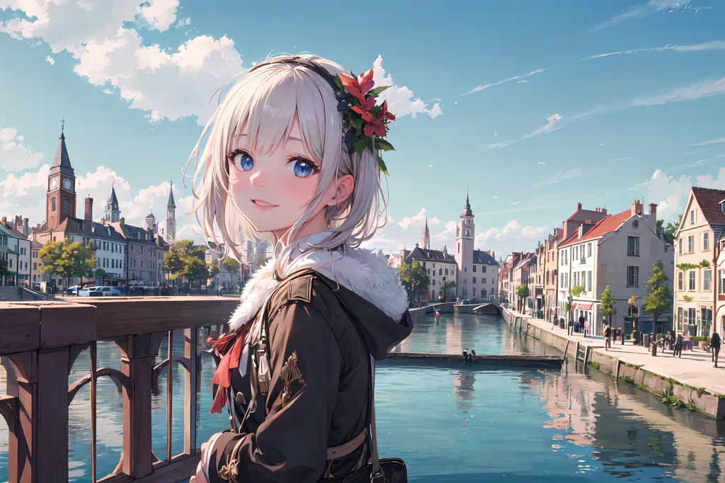 The image is a painting of a young girl with white hair and blue eyes. She is wearing a brown jacket with a white fur collar and a red and white headband with a flower on it. She is standing on a bridge in a European city. There are buildings with red roofs and a clock tower in the background. The girl is smiling and looking at the viewer.