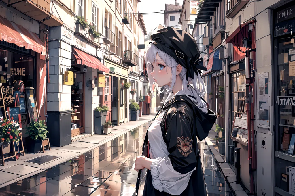 The image is a street scene in a European city. It is daytime and the street is wet from the rain. There are several shops on either side of the street and a few people are walking around. A young woman is standing in the middle of the street. She is wearing a black hat and a black jacket. She has white hair and blue eyes. She is looking at the camera.
