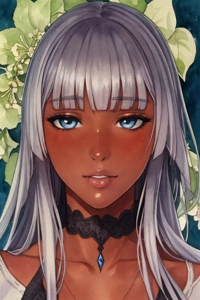 This is an image of a young woman with long silver hair and dark skin. She is wearing a black choker with a blue gem in the center. The background is a light blue color with white flowers. The woman's eyes are blue and she has a soft smile on her face. She is wearing a white dress with a black lace overlay.