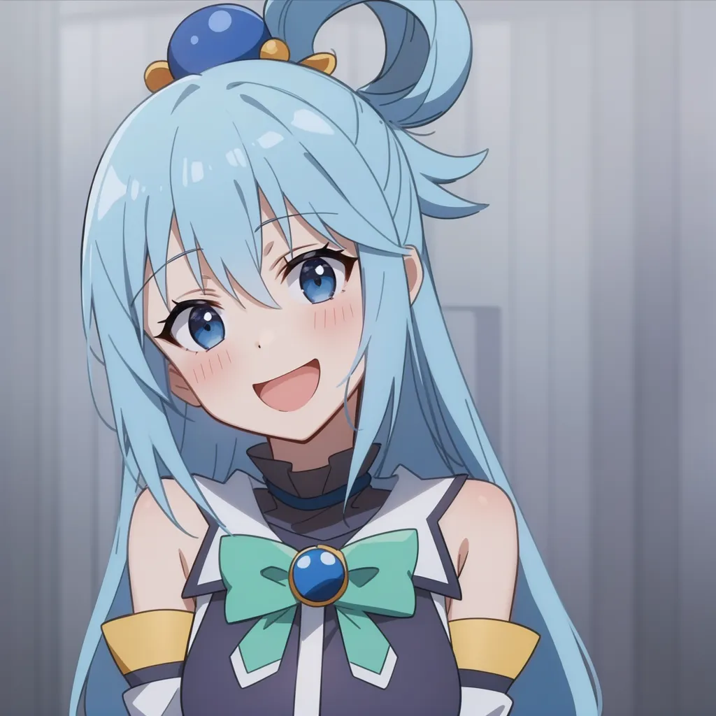 La imagen muestra a una niña joven con el cabello azul largo y ojos azules. Está sonriendo y tiene una expresión feliz en su rostro. Lleva un vestido blanco y azul con un lazo verde. El fondo es un azul claro desenfocado.