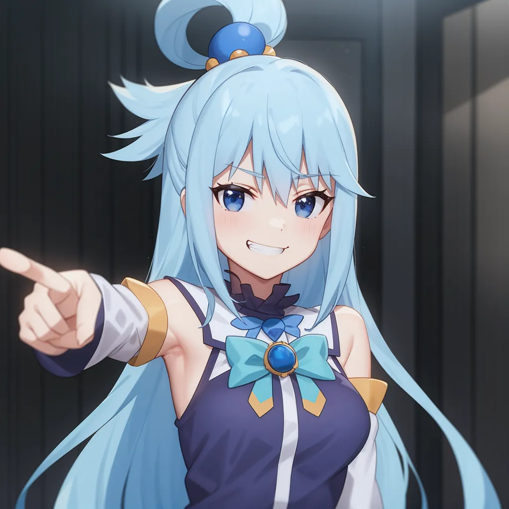 The image shows a young girl with long, light blue hair and blue eyes. She is wearing a white and blue dress with a blue bow. She has a determined expression on her face and is pointing her finger at the viewer. The background is a dark room with a door on the right.