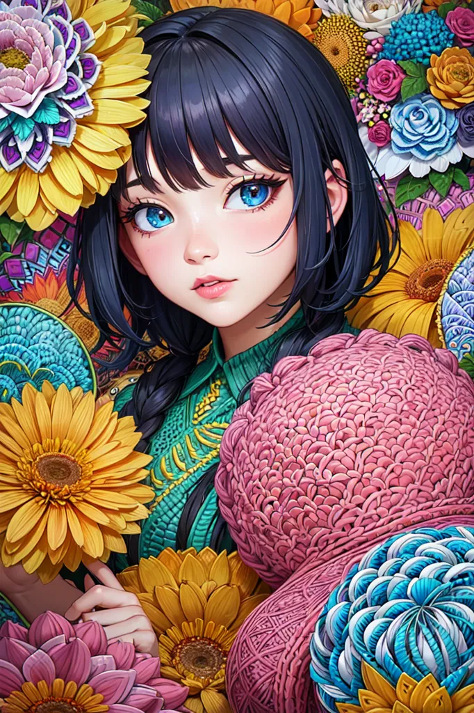 The image is a painting of a young woman with long black hair and blue eyes. She is wearing a green shirt with yellow and pink flowers. The background is filled with colorful flowers and plants. The woman has a gentle smile on her face and is looking at the viewer.