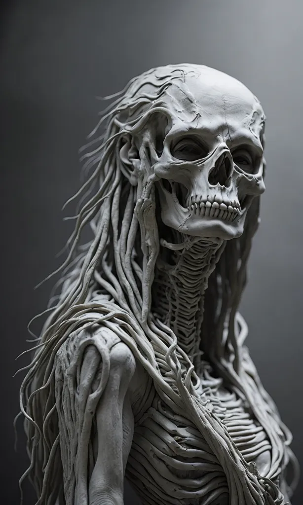 Esta es una representación 3D de un cráneo con una columna vertebral y una caja torácica unidos a él. El cráneo tiene un cabello largo y ondulado que está hecho del mismo material que el cráneo. La columna vertebral y la caja torácica también están hechas del mismo material. Toda la estructura es blanca y está iluminada desde el frente. El fondo es de un gris oscuro.