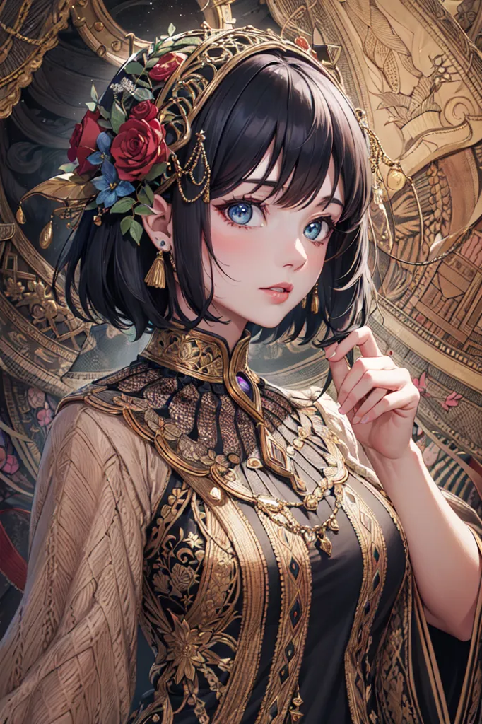 The image is a portrait of a young woman with short black hair and blue eyes. She is wearing a black and gold dress with a high collar and a gold necklace with a blue gem in the center. There are red and blue flowers in her hair and she is holding a strand of her hair with her right hand. The background is a clock with Roman numerals.