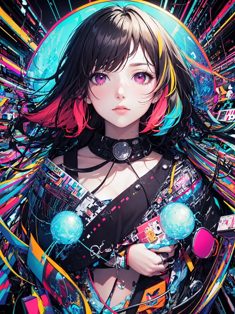 This image is an illustration of a young woman with long, flowing black hair. She is wearing a black choker and a colorful outfit with pink, blue, and yellow accents. She is surrounded by colorful lights and geometric shapes. The overall aesthetic of the image is cyberpunk.