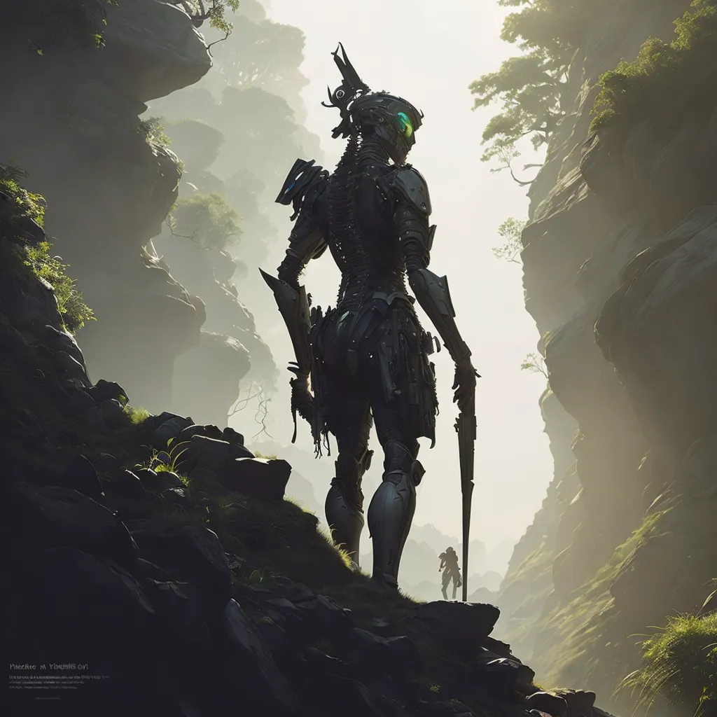 The image is set in a dark and mysterious forest. The ground is covered in rocks and moss, and the trees are tall and imposing. In the foreground of the image, there is a figure standing with their back to the viewer. The figure is wearing a suit of black armor, and they are carrying a large sword. The figure's helmet is adorned with a pair of glowing green eyes. In the background of the image, there is a second figure standing in the distance. This figure is much smaller than the first figure, and they are not wearing any armor. The second figure is holding a staff, and they appear to be casting a spell.
