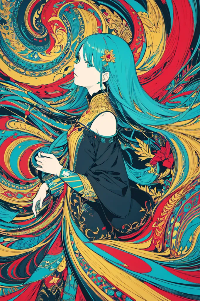 The image is a depiction of a woman with long blue hair and yellow eyes. She is wearing a black and red cheongsam-style dress with intricate golden and floral patterns. The background is a swirling vortex of red, blue, and yellow colors, with various floral and leaf motifs. The woman's hair is flowing in the wind, and she has a serene expression on her face. The image is highly stylized, with a painterly quality, and appears to be a digital painting.