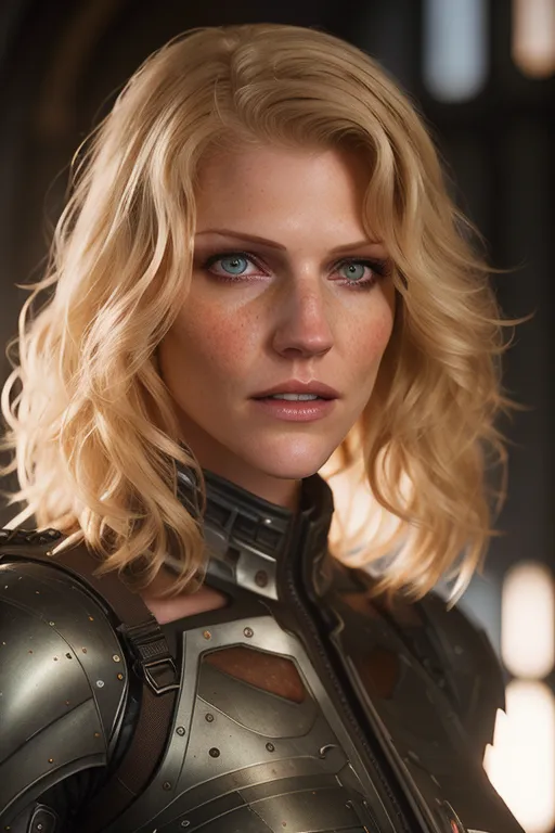 This is a picture of a blonde woman in her 30s. She has blue eyes and freckles on her face. She is wearing a gray metal breastplate with shoulder pads and a black choker. The background is gray and out of focus.