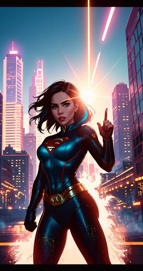 This is an image of a superhero. She has long dark hair and blue eyes. She is wearing a blue and red suit with a yellow belt. The suit has the Superman logo on it. She is standing in a city with one hand raised. There are tall buildings in the background. The sun is shining brightly.