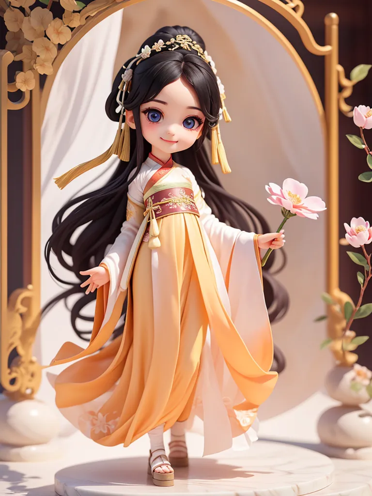 Esta es una representación 3D de una muñeca china. Lleva un vestido amarillo con una faja rosa y tiene el cabello negro largo con flores blancas y rosas. También lleva sombra de ojos rosa y tiene una flor rosa en la mano. El fondo es un arco blanco con flores rosas a ambos lados.