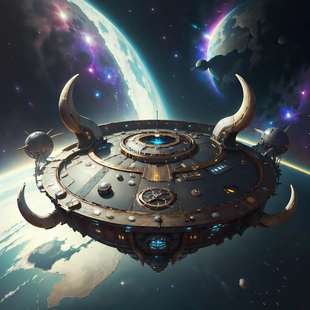 A imagem mostra uma grande nave espacial futurista em forma de cabeça de touro. Ela possui quatro grandes motores e está armada com várias armas. A nave está voando no espaço, com um planeta e estrelas ao fundo.