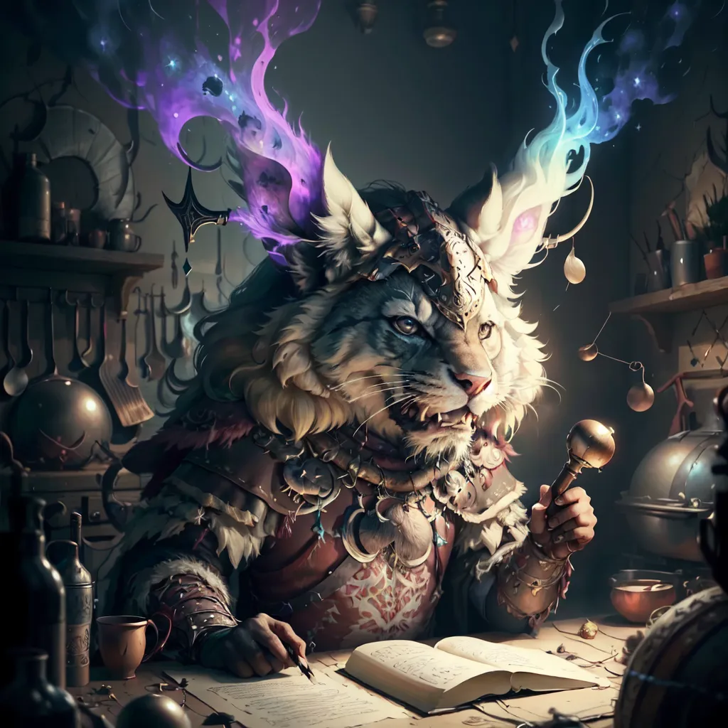 The image is of a white cat-like creature with blue and purple flames coming out of its ears. It is wearing a golden crown and has a golden necklace with a red gem in the center. It is sitting at a desk, writing in a book with a quill pen. There are many potions and other objects on the desk. The creature is wearing a red and brown cape.