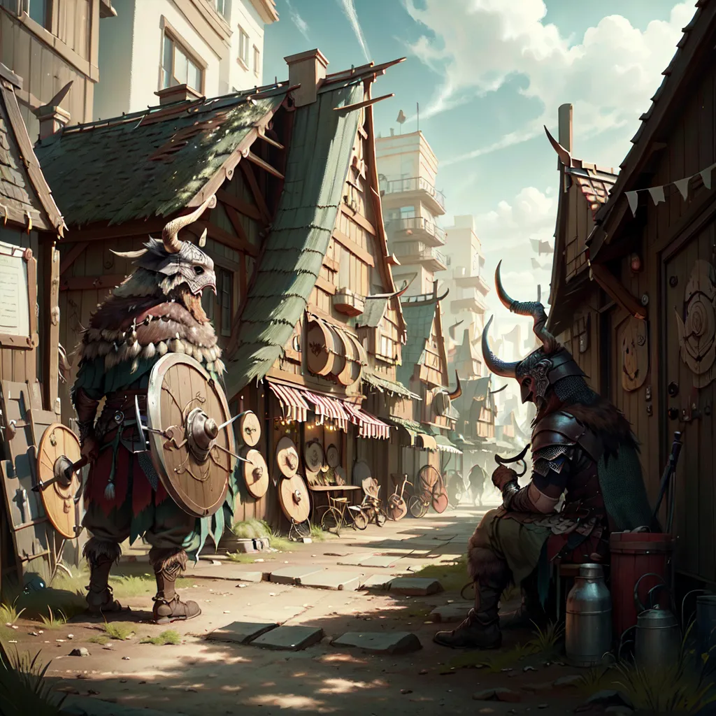 Görüntü, bir Viking köyündeki bir sokağı gösteriyor. Sokak toprak kaplı ve her iki tarafında da ahşap evler var. Evler tahta tahtalarla inşa edilmiş ve çatıları hasır kaplı. Sokakta dolaşan insanlar var ve evlerin dışında masalarda oturanlar da var. Bir adam, kalkan ve kılıçla bir evin önünde duruyor. Başka bir adam da bir fıçının üzerinde oturup pipo içiyor. İnsanların hepsi Viking kıyafetleri giyiyor.