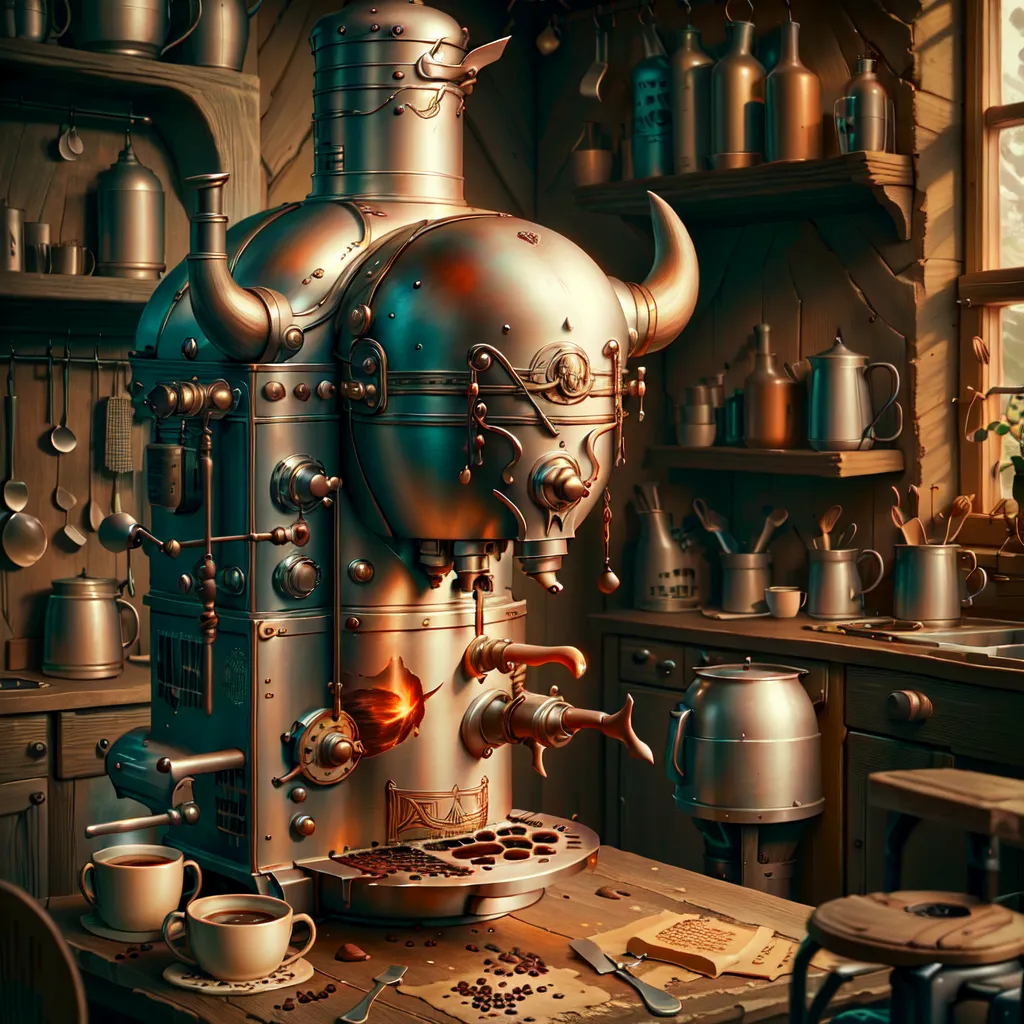 The image is a steampunk coffee machine. It is made of metal and has a large bull's head on the front. The coffee machine is sitting on a wooden table with coffee cups and coffee beans scattered around it. There are shelves on the walls behind the coffee machine with various kitchenware and ingredients. The image is warm and inviting, and it evokes a sense of nostalgia.
