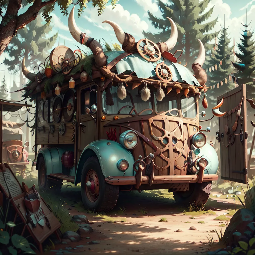 The image shows a blue and brown retro van decorated with Viking-like accessories. It has several steer horns on its roof rack and an open door that looks like a tavern entrance. The van is surrounded by trees and appears to be parked in a forest. There are also some items scattered around the van, such as a barrel, a table with a lantern on it, and a few crates.