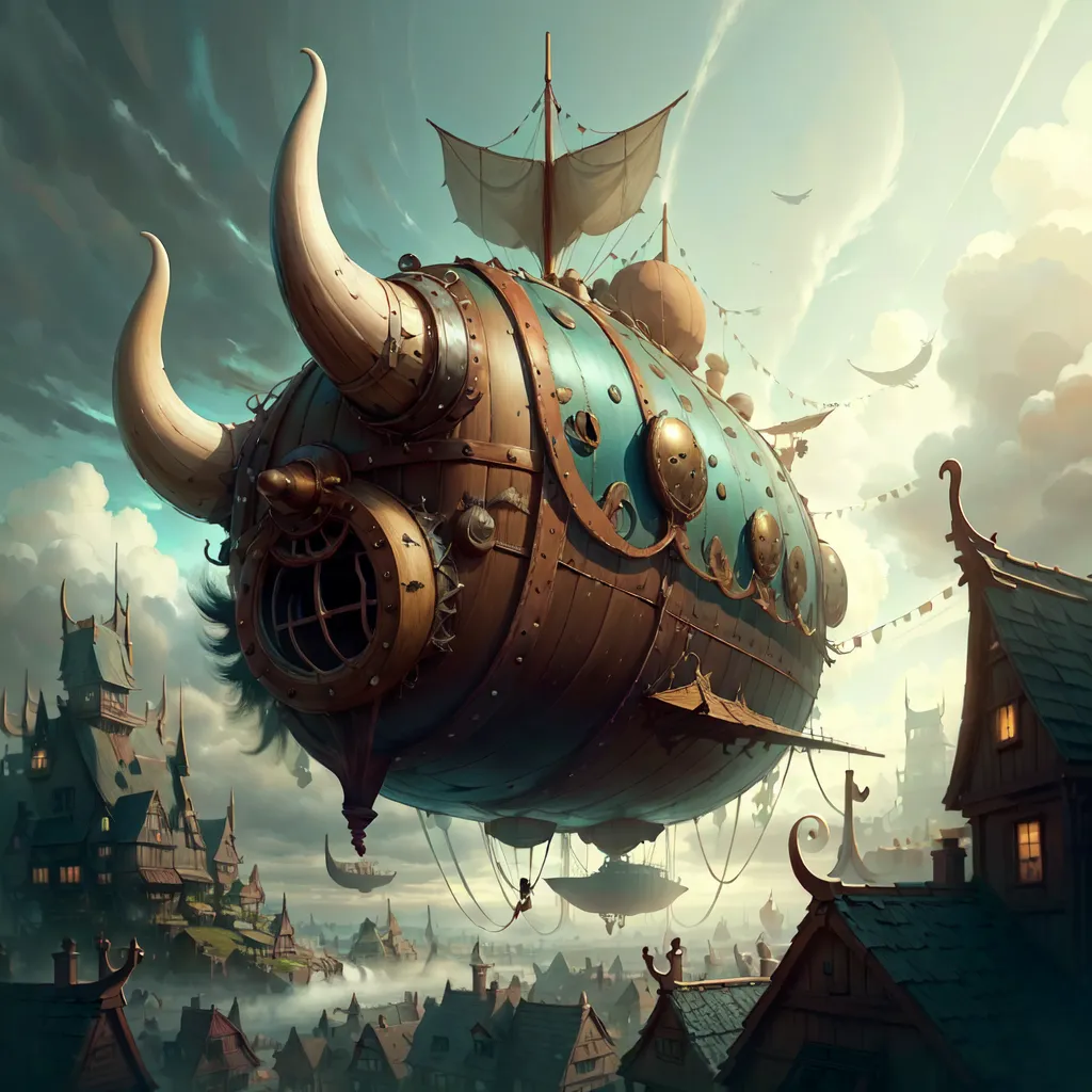 The image is a fantasy painting of a steampunk airship. The airship is in the shape of a giant ox with brown and blue colors. It has large horns and a sail. The airship is flying over a medieval town. The town is surrounded by a wall and has many houses and buildings. The sky is cloudy and there are some birds flying in the background.