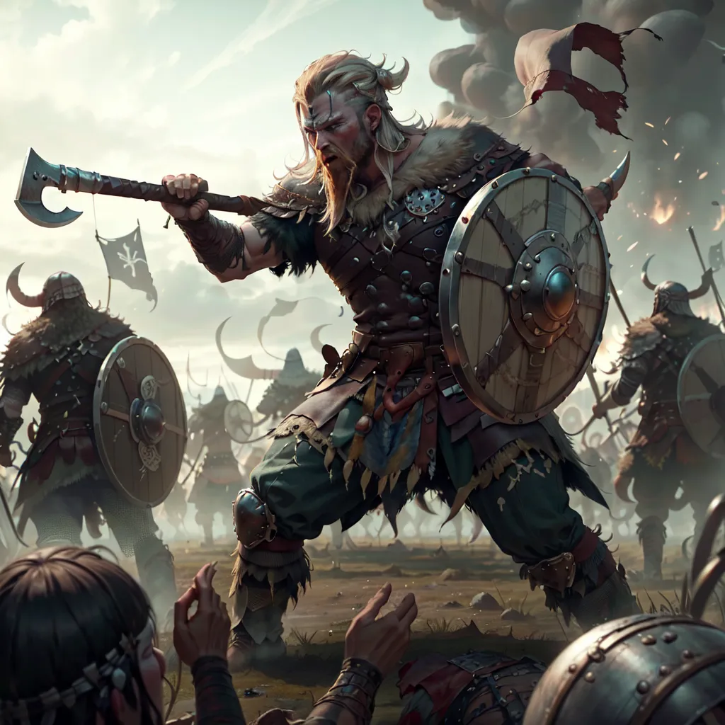 This is a digital painting of a Viking warrior. He is standing in the middle of a battlefield, surrounded by his enemies. He is holding an axe in one hand and a shield in the other. He is wearing a helmet and fur armor. His hair is long and blond, and his beard is braided. He has a fierce expression on his face, and he is clearly ready to fight. In the background, there are other Vikings, all of whom are engaged in battle. The painting is full of action and excitement, and it captures the ferocity and strength of the Viking warriors.