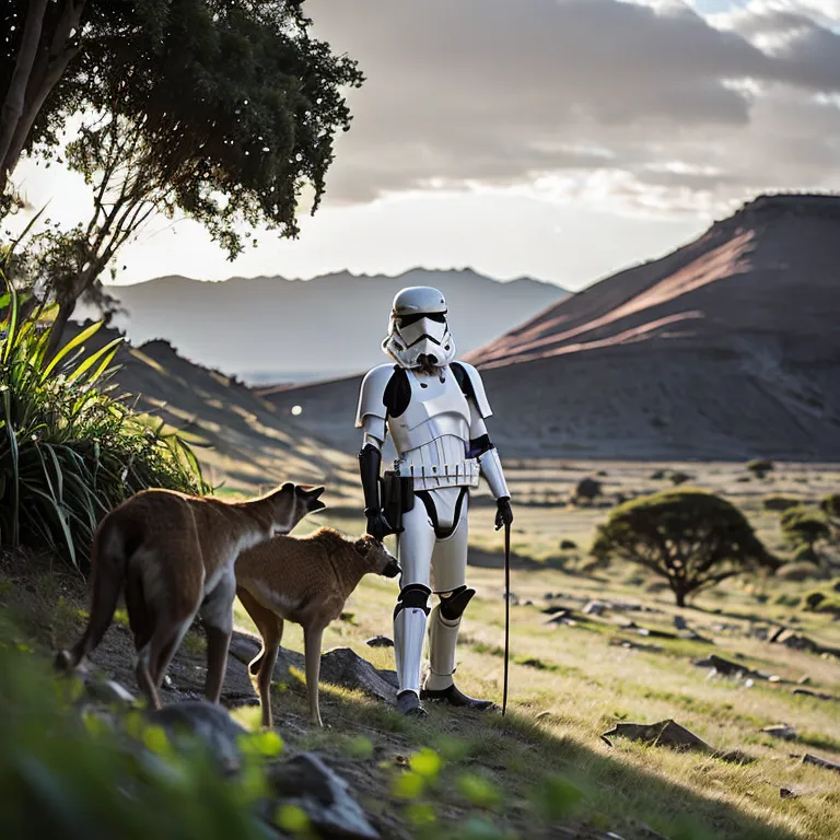 The image shows a stormtrooper from Star Wars walking through a grassy field. He is wearing a white helmet and armor and is carrying a gun. He is walking with a dog-like creature. The creature is brown and white and has a long tail. The stormtrooper is looking down at the creature. The background of the image is a mountain range. The sky is blue, and the sun is shining.