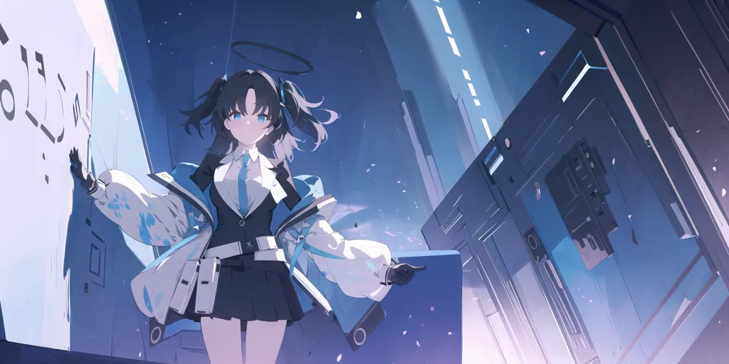 This is an illustration of a futuristic city. There is a girl with twintails standing in the middle of the street. She is wearing a white and blue uniform. She has a halo above her head and is surrounded by a blue glow. The background is a cityscape with tall buildings and a blue sky.