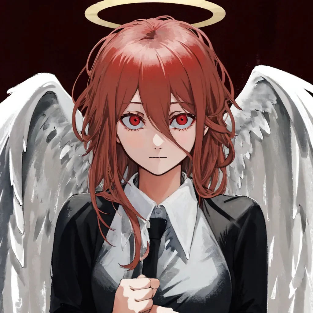 Cette image montre une jeune femme aux cheveux rouges et aux yeux. Elle porte une chemise blanche, une veste de costume noire et une cravate noire. Elle a un halo au-dessus de la tête et des ailes d'ange blanches.