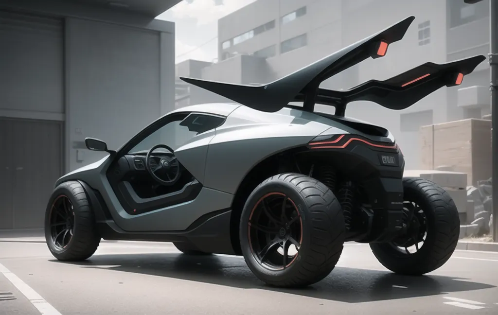 L'image représente un véhicule de type dune buggy futuriste. Il est argent et noir avec des détails rouges. Il a un design élégant et de grandes roues. Le véhicule est garé dans une ville et il y a des bâtiments en arrière-plan.
