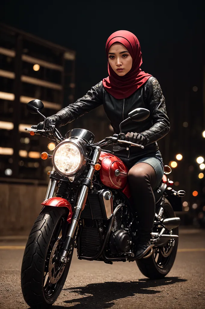A young woman in a red hijab is sitting on a red and black motorcycle. She is wearing a black leather jacket and black boots. The motorcycle is parked on a city street at night. There are buildings and lights in the background. The woman is looking at the camera.